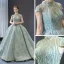 Glamour Vert Cendré Robe De Bal 2023 Robe Boule Transparentes Col Haut Manches Courtes Fait main Perlage Chapel Train Dos Nu Robe De Ceremonie
