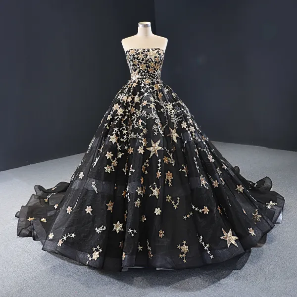 High-end Black Prom Dresses 2023 Ball Gown Strapless Sleeveless Star Appliques Lace Sequins Court Train Backless Formal Dresses