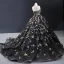Haut de Gamme Noire Robe De Bal 2023 Robe Boule Bustier Sans Manches Étoile Appliques En Dentelle Paillettes Tribunal Train Dos Nu Robe De Ceremonie