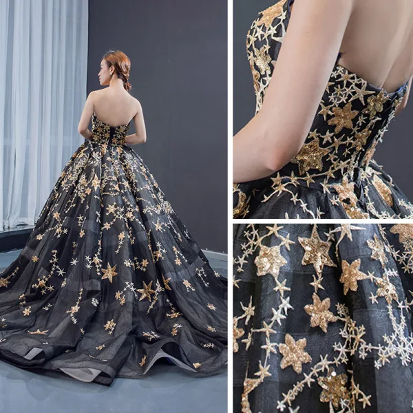 Haut de Gamme Noire Robe De Bal 2023 Robe Boule Bustier Sans Manches Étoile Appliques En Dentelle Paillettes Tribunal Train Dos Nu Robe De Ceremonie