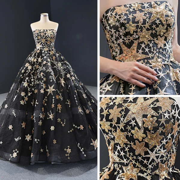 Haut de Gamme Noire Robe De Bal 2023 Robe Boule Bustier Sans Manches Étoile Appliques En Dentelle Paillettes Tribunal Train Dos Nu Robe De Ceremonie