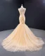 Best Champagne Gold Wedding Dresses Trumpet / Mermaid 2023 V-Neck Sleeveless Backless Leaf Appliques Lace Court Train