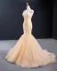 Best Champagne Gold Wedding Dresses Trumpet / Mermaid 2023 V-Neck Sleeveless Backless Leaf Appliques Lace Court Train