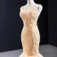 Best Champagne Gold Wedding Dresses Trumpet / Mermaid 2023 V-Neck Sleeveless Backless Leaf Appliques Lace Court Train