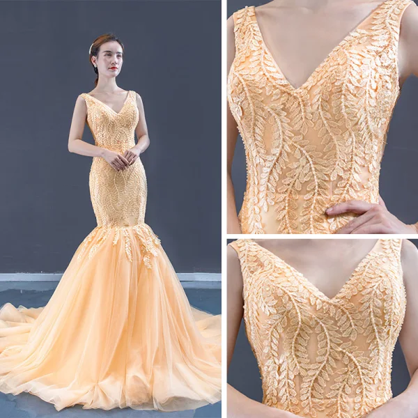 Best Champagne Gold Wedding Dresses Trumpet / Mermaid 2023 V-Neck Sleeveless Backless Leaf Appliques Lace Court Train