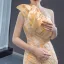 Haut de Gamme Champagne Doré Robe De Soirée 2023 Trompette / Sirène Une épaule Sans Manches Feuille Appliques En Dentelle Paillettes Chapel Train Dos Nu Robe De Ceremonie