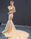 Haut de Gamme Champagne Doré Robe De Soirée 2023 Trompette / Sirène Une épaule Sans Manches Feuille Appliques En Dentelle Paillettes Chapel Train Dos Nu Robe De Ceremonie