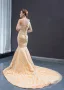Haut de Gamme Champagne Doré Robe De Soirée 2023 Trompette / Sirène Une épaule Sans Manches Feuille Appliques En Dentelle Paillettes Chapel Train Dos Nu Robe De Ceremonie