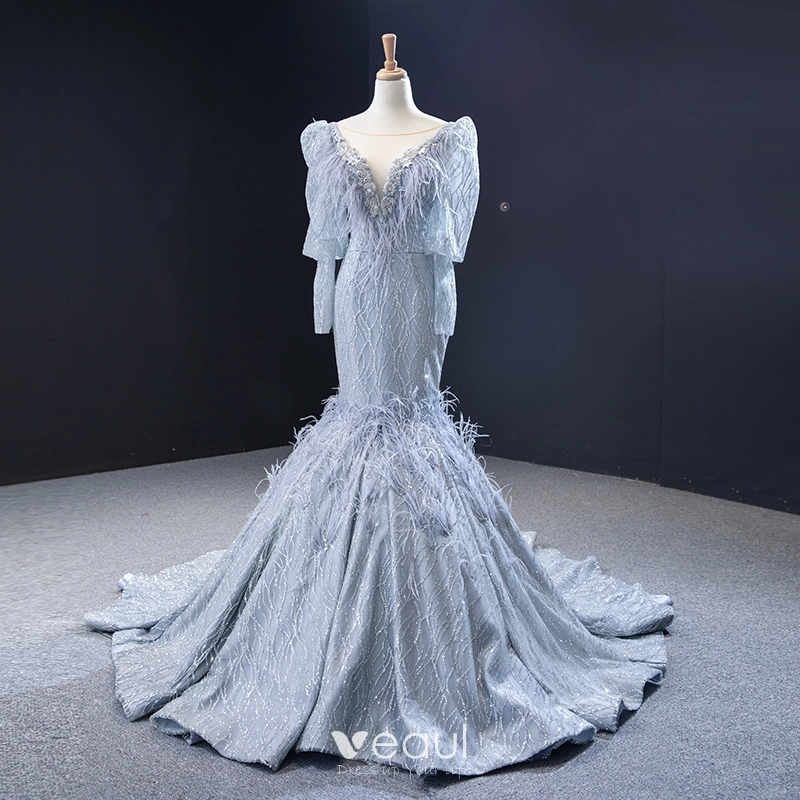 Trumpet Mermaid Puffy Sleeve Beading Satin Feather Wedding Dress Trumpet Mermaid Puffy Sleeve Beading Satin Feather Wedding Dress