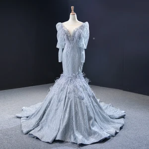 Luxury Gorgeous Grey Evening Dresses 2023 Trumpet Mermaid See Through Deep V Neck Puffy Long Sleeve Feather Beading Glitter Tulle Court Train Ruffle