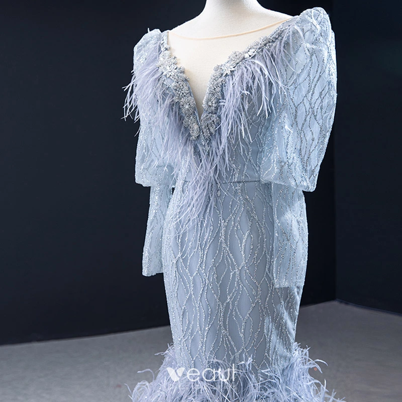 Trumpet Mermaid Puffy Sleeve Beading Satin Feather Wedding Dress Trumpet Mermaid Puffy Sleeve Beading Satin Feather Wedding Dress