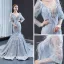 Luxe Gris Robe De Soirée 2023 Trompette / Sirène Transparentes Col v profond Gonflée Manches Longues Plumes Perlage Glitter Tulle Tribunal Train Volants