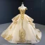 High-end Gold Wedding Dresses Ball Gown 2023 Off-The-Shoulder Short Sleeve Backless Appliques Sequins Court Train Ruffle