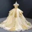 High-end Gold Wedding Dresses Ball Gown 2023 Off-The-Shoulder Short Sleeve Backless Appliques Sequins Court Train Ruffle