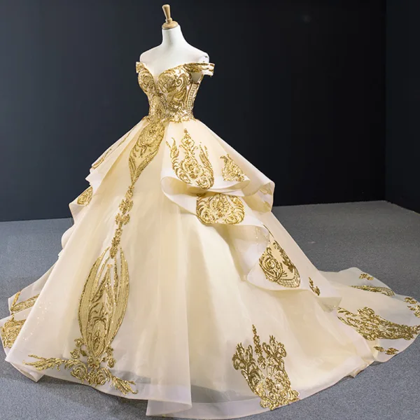 High-end Gold Wedding Dresses Ball Gown 2023 Off-The-Shoulder Short Sleeve Backless Appliques Sequins Court Train Ruffle