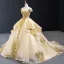 High-end Gold Wedding Dresses Ball Gown 2023 Off-The-Shoulder Short Sleeve Backless Appliques Sequins Court Train Ruffle