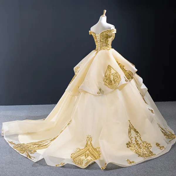 High-end Gold Wedding Dresses Ball Gown 2023 Off-The-Shoulder Short Sleeve Backless Appliques Sequins Court Train Ruffle