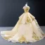 High-end Gold Wedding Dresses Ball Gown 2023 Off-The-Shoulder Short Sleeve Backless Appliques Sequins Court Train Ruffle
