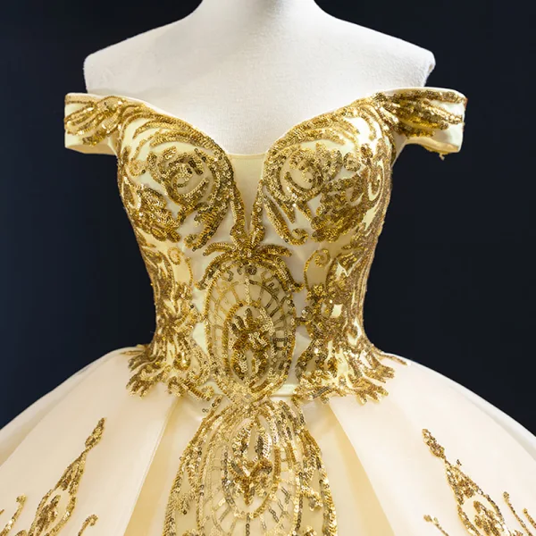 High-end Gold Wedding Dresses Ball Gown 2023 Off-The-Shoulder Short Sleeve Backless Appliques Sequins Court Train Ruffle