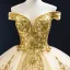 High-end Gold Wedding Dresses Ball Gown 2023 Off-The-Shoulder Short Sleeve Backless Appliques Sequins Court Train Ruffle