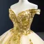 High-end Gold Wedding Dresses Ball Gown 2023 Off-The-Shoulder Short Sleeve Backless Appliques Sequins Court Train Ruffle