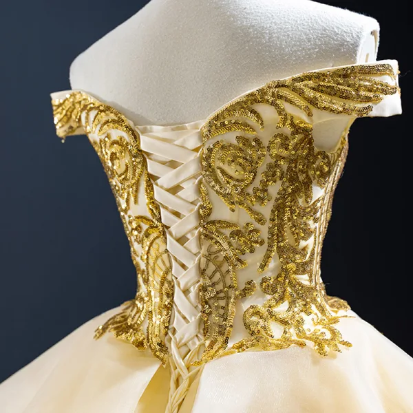 High-end Gold Wedding Dresses Ball Gown 2023 Off-The-Shoulder Short Sleeve Backless Appliques Sequins Court Train Ruffle
