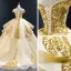 High-end Gold Wedding Dresses Ball Gown 2023 Off-The-Shoulder Short Sleeve Backless Appliques Sequins Court Train Ruffle