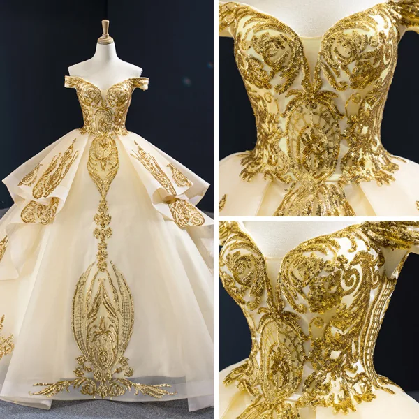 High-end Gold Wedding Dresses Ball Gown 2023 Off-The-Shoulder Short Sleeve Backless Appliques Sequins Court Train Ruffle