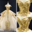 High-end Gold Wedding Dresses Ball Gown 2023 Off-The-Shoulder Short Sleeve Backless Appliques Sequins Court Train Ruffle