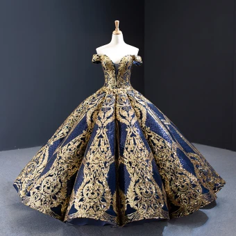 Luxe Quinceañera Bleu Marine Robe De Bal 2023 Robe Boule De L Épaule Col V Profond Manches Courtes Doré Appliques Paillettes Longue Volants Dos Nu Robe De Ceremonie