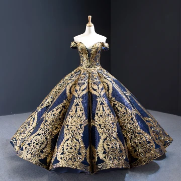 Luxury Gorgeous Quinceañera Navy Blue Prom Dresses 2023 Ball Gown Off The Shoulder Deep V Neck Short Sleeve Gold Appliques Sequins Floor Length Long Ruffle Backless Formal Dresses