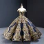 Luxury / Gorgeous Quinceañera Navy Blue Prom Dresses 2023 Ball Gown Off-The-Shoulder Deep V-Neck Short Sleeve Gold Appliques Sequins Floor-Length / Long Ruffle Backless Formal Dresses