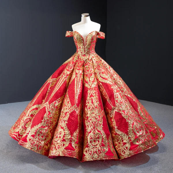 Luxury / Gorgeous Quinceañera Navy Blue Prom Dresses 2023 Ball Gown Off-The-Shoulder Deep V-Neck Short Sleeve Gold Appliques Sequins Floor-Length / Long Ruffle Backless Formal Dresses