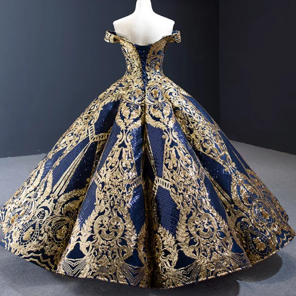 Luxury / Gorgeous Quinceañera Navy Blue Prom Dresses 2023 Ball Gown Off-The-Shoulder Deep V-Neck Short Sleeve Gold Appliques Sequins Floor-Length / Long Ruffle Backless Formal Dresses