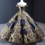 Luxury / Gorgeous Quinceañera Navy Blue Prom Dresses 2023 Ball Gown Off-The-Shoulder Deep V-Neck Short Sleeve Gold Appliques Sequins Floor-Length / Long Ruffle Backless Formal Dresses