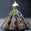 Luxury / Gorgeous Quinceañera Navy Blue Prom Dresses 2023 Ball Gown Off-The-Shoulder Deep V-Neck Short Sleeve Gold Appliques Sequins Floor-Length / Long Ruffle Backless Formal Dresses