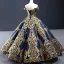 Luxury / Gorgeous Quinceañera Navy Blue Prom Dresses 2023 Ball Gown Off-The-Shoulder Deep V-Neck Short Sleeve Gold Appliques Sequins Floor-Length / Long Ruffle Backless Formal Dresses