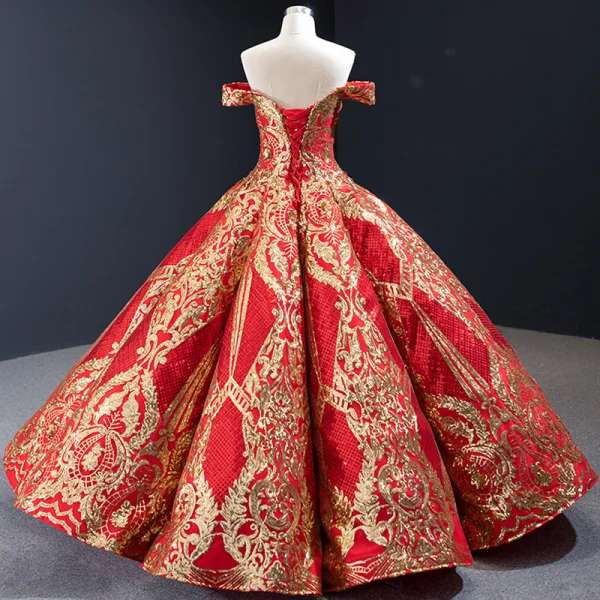 Luxury / Gorgeous Quinceañera Navy Blue Prom Dresses 2023 Ball Gown Off-The-Shoulder Deep V-Neck Short Sleeve Gold Appliques Sequins Floor-Length / Long Ruffle Backless Formal Dresses