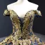 Luxury / Gorgeous Quinceañera Navy Blue Prom Dresses 2023 Ball Gown Off-The-Shoulder Deep V-Neck Short Sleeve Gold Appliques Sequins Floor-Length / Long Ruffle Backless Formal Dresses