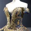 Luxury / Gorgeous Quinceañera Navy Blue Prom Dresses 2023 Ball Gown Off-The-Shoulder Deep V-Neck Short Sleeve Gold Appliques Sequins Floor-Length / Long Ruffle Backless Formal Dresses