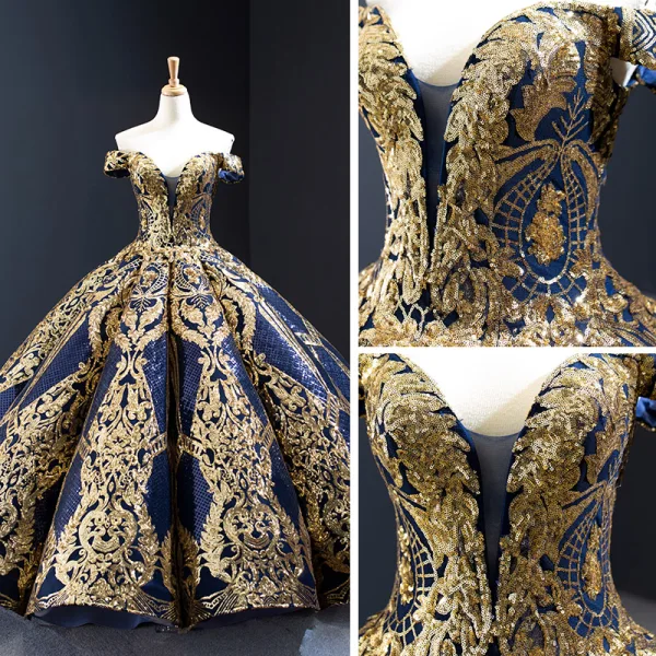 Luxury / Gorgeous Quinceañera Navy Blue Prom Dresses 2023 Ball Gown Off-The-Shoulder Deep V-Neck Short Sleeve Gold Appliques Sequins Floor-Length / Long Ruffle Backless Formal Dresses