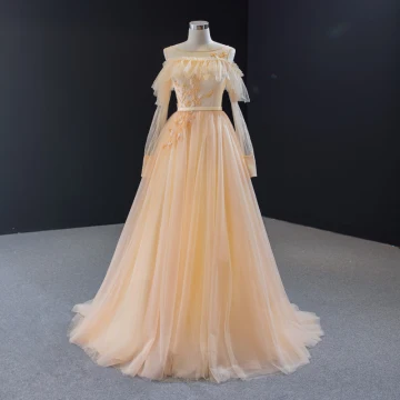 Chic Champagne Transparentes Robe De Soirée 2020 Princesse Encolure Carrée Gonflée Manches Longues Perlage Ceinture Train De Balayage Volants Dos Nu Robe De Ceremonie