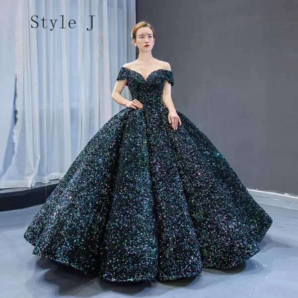 Glitzernden Pink Pailletten Tanzen Ballkleider 2023 Ballkleid Off Shoulder Kurze Ärmel Lange Rückenfreies Festliche Kleider