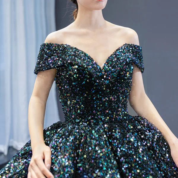Glitzernden Pink Pailletten Tanzen Ballkleider 2023 Ballkleid Off Shoulder Kurze Ärmel Lange Rückenfreies Festliche Kleider