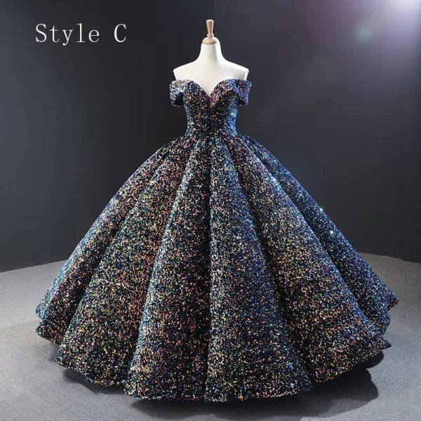 Glitzernden Pink Pailletten Tanzen Ballkleider 2023 Ballkleid Off Shoulder Kurze Ärmel Lange Rückenfreies Festliche Kleider