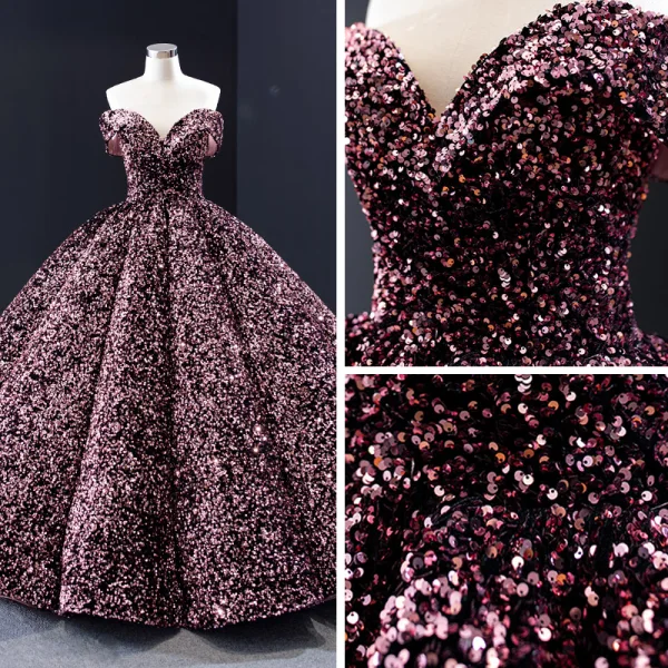 Glitzernden Pink Pailletten Tanzen Ballkleider 2023 Ballkleid Off Shoulder Kurze Ärmel Lange Rückenfreies Festliche Kleider