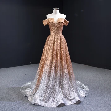 Sparkly Gold Gradient Color White Sequins Evening Dresses 2023 A Line Princess Off The Shoulder Short Sleeve Sweep Train Backless Formal Dresses
