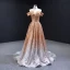 Sparkly Gold Gradient-Color White Sequins Evening Dresses  2023 A-Line / Princess Off-The-Shoulder Short Sleeve Sweep Train Backless Formal Dresses