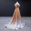 Sparkly Gold Gradient-Color White Sequins Evening Dresses  2023 A-Line / Princess Off-The-Shoulder Short Sleeve Sweep Train Backless Formal Dresses