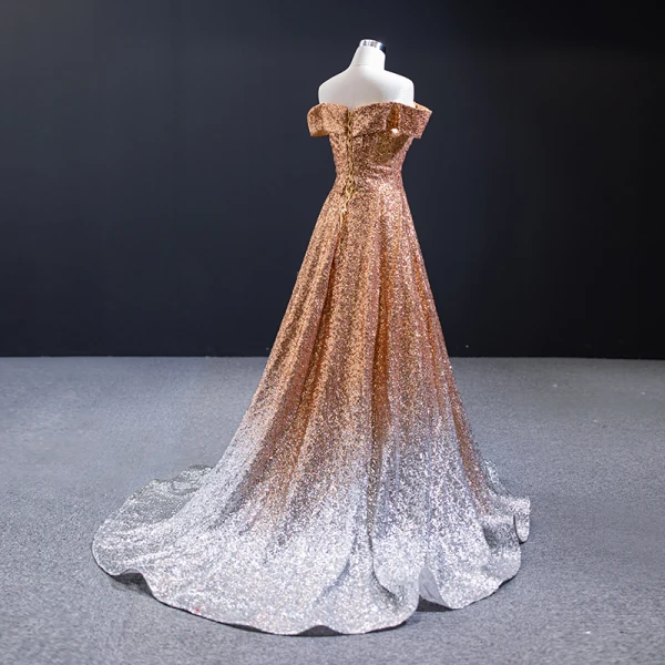 green emerald velvet dress Sheer-Back Strapless Long Beaded Prom Dress CD0216 Champagne / 2